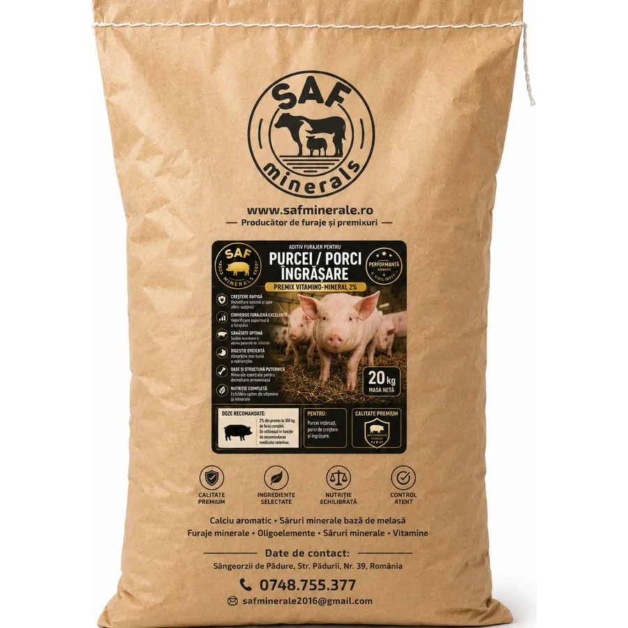 SAF Minerals Premix Purcei și Porci la Îngrășare 2%, 20 kg - Furaje Spătar Cluj